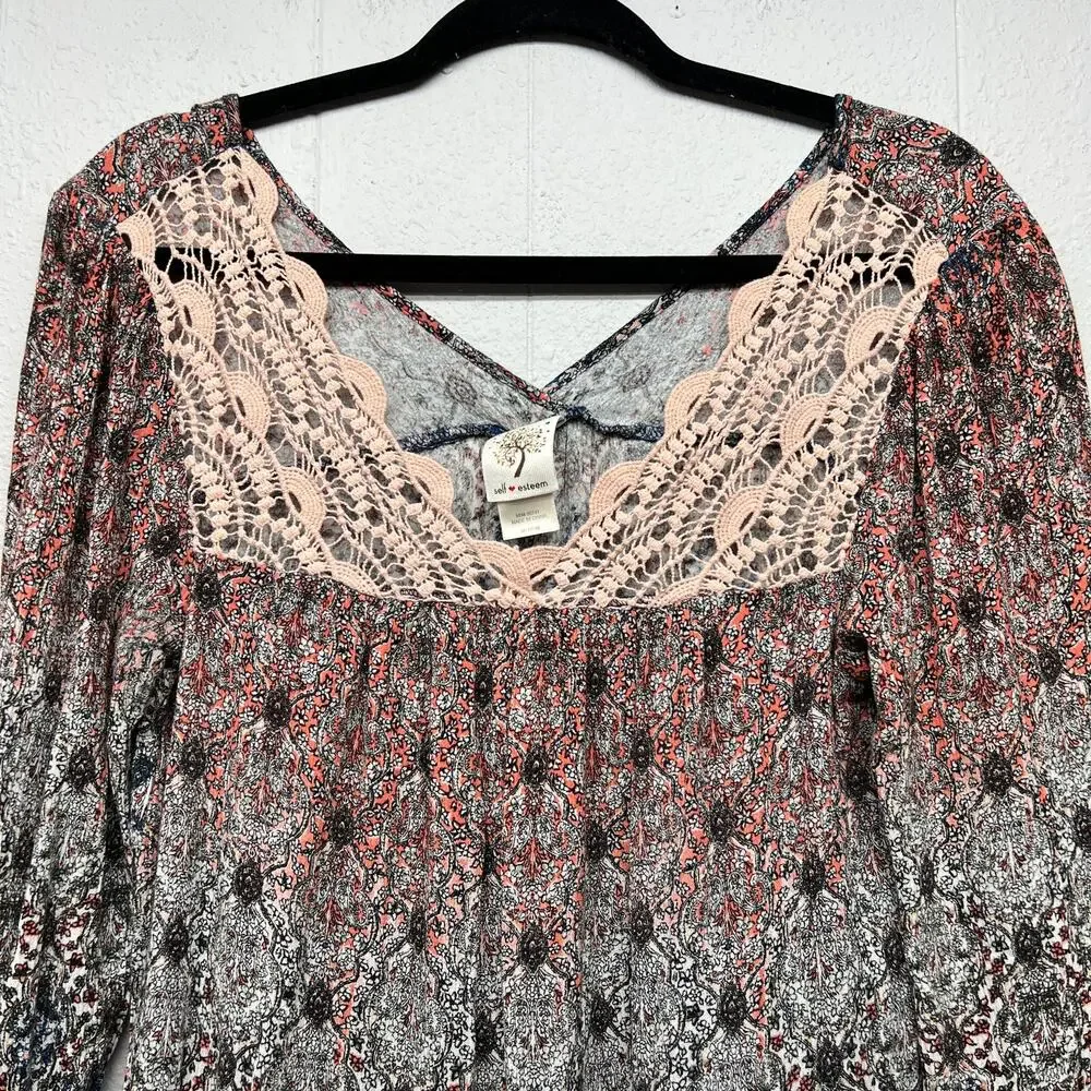 Self Esteem Lace Floral 3/4 Sleeve Top Womens Small Flowy Fairy Boho Cottage